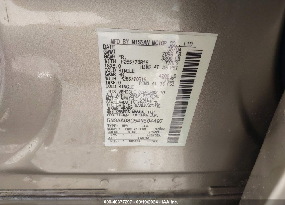 2004 INFINITI QX56 VIN: 5N3AA08C54N804497