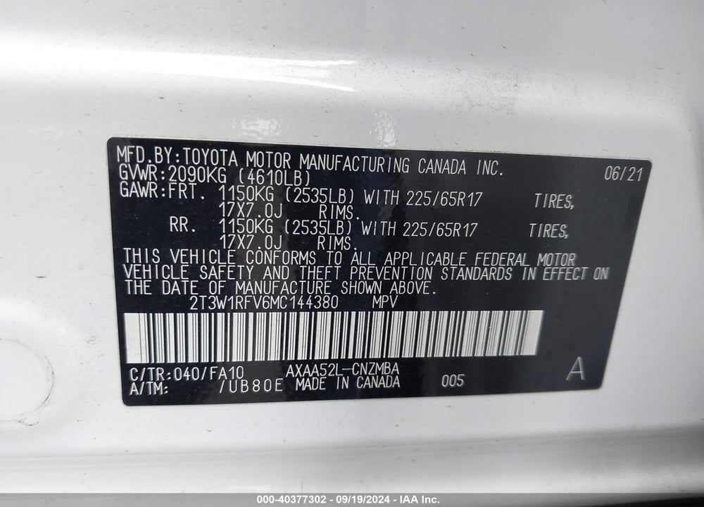 2021 TOYOTA RAV4 XLE VIN: 2T3W1RFV6MC144380