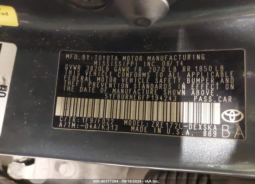 2015 TOYOTA COROLLA S PLUS VIN: 5YFBURHE6FP194243