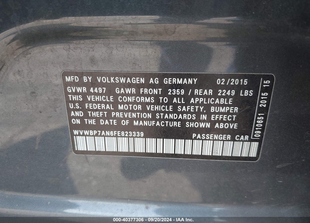 2015 VOLKSWAGEN CC 2.0T SPORT VIN: WVWBP7AN6FE823339