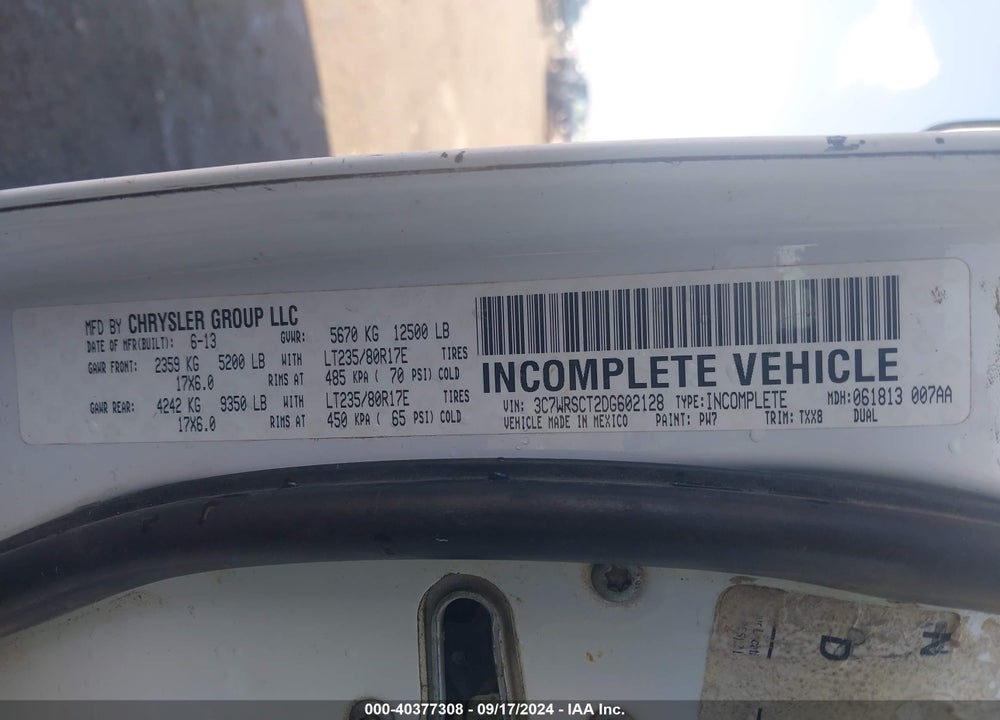 2013 RAM 3500 CHASSIS TRADESMAN/SLT/LAIE VIN: 3C7WRSCT2DG602128