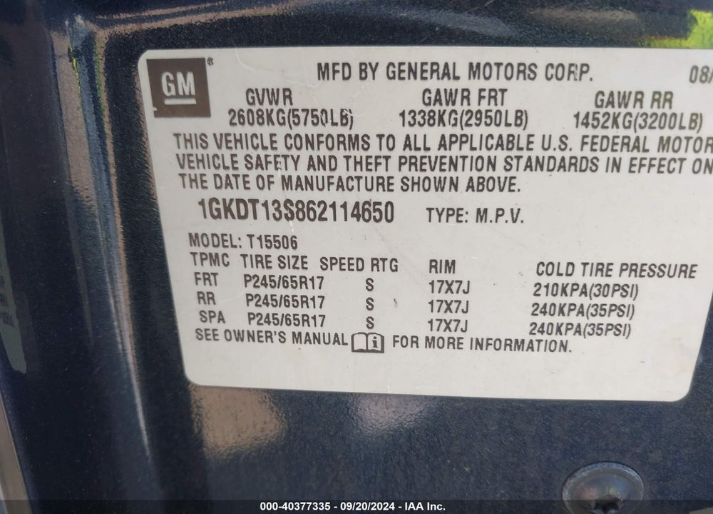 2006 GMC ENVOY SLE VIN: 1GKDT13S862114650