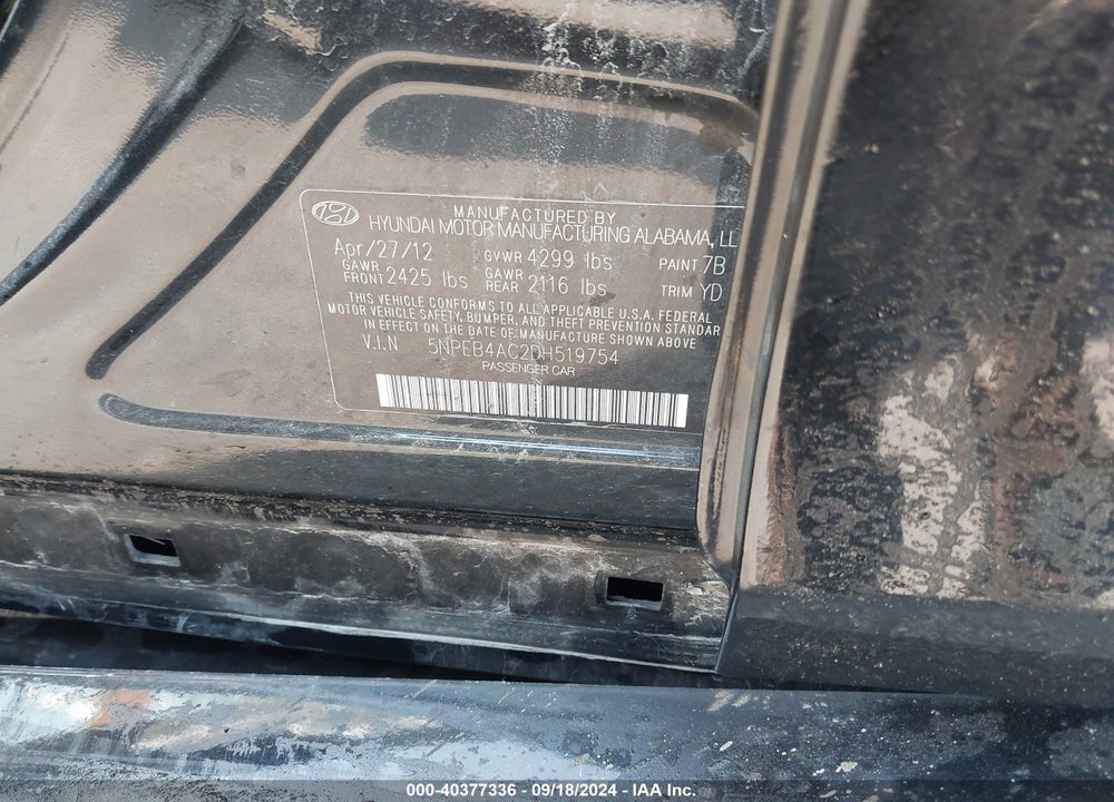 2013 HYUNDAI SONATA GLS VIN: 5NPEB4AC2DH519754