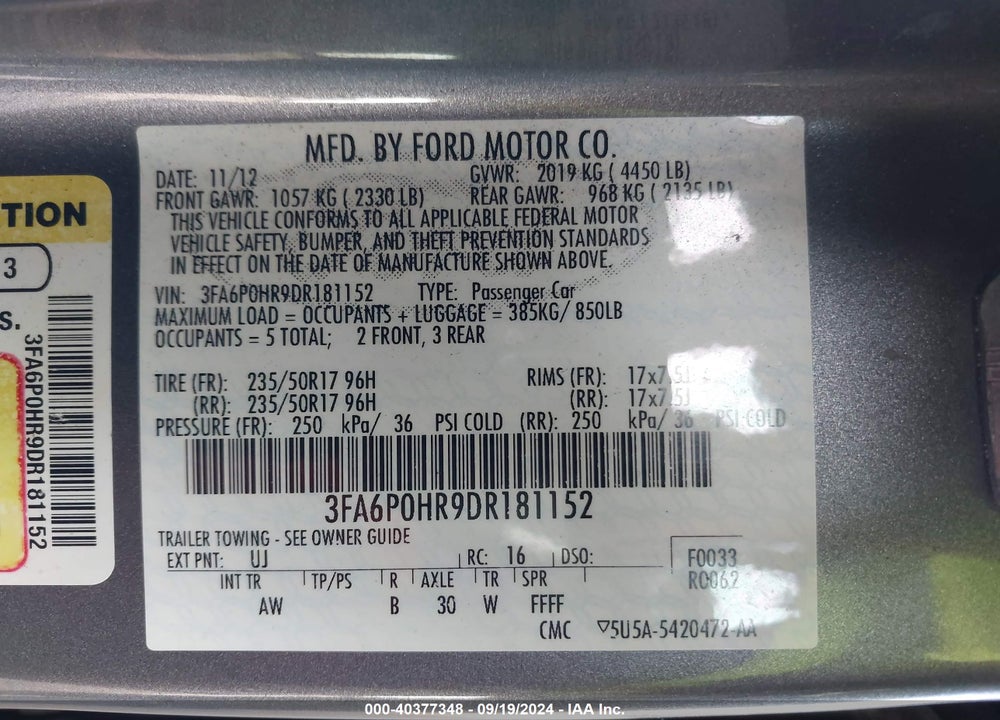 2013 FORD FUSION SE VIN: 3FA6P0HR9DR181152