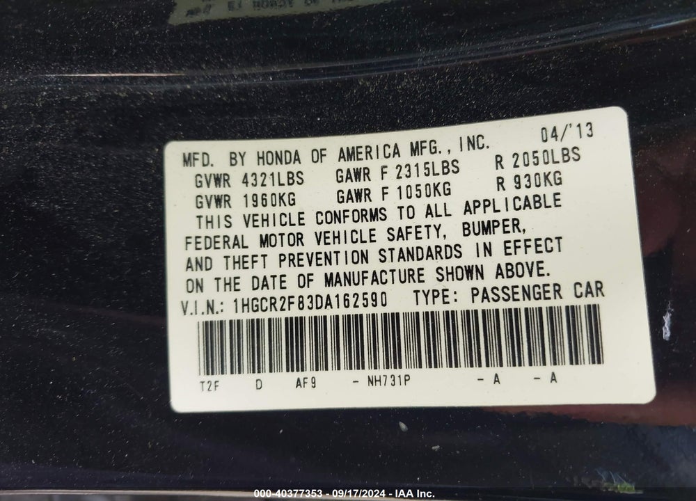 2013 HONDA ACCORD EX-L VIN: 1HGCR2F83DA162590
