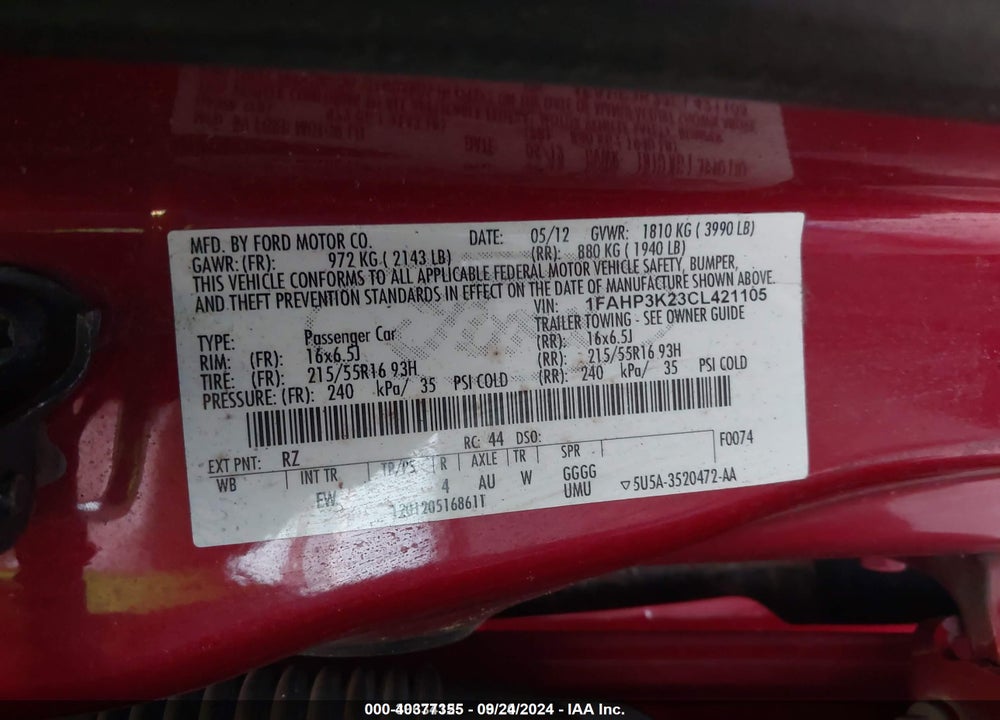 2012 FORD FOCUS SE VIN: 1FAHP3K23CL421105