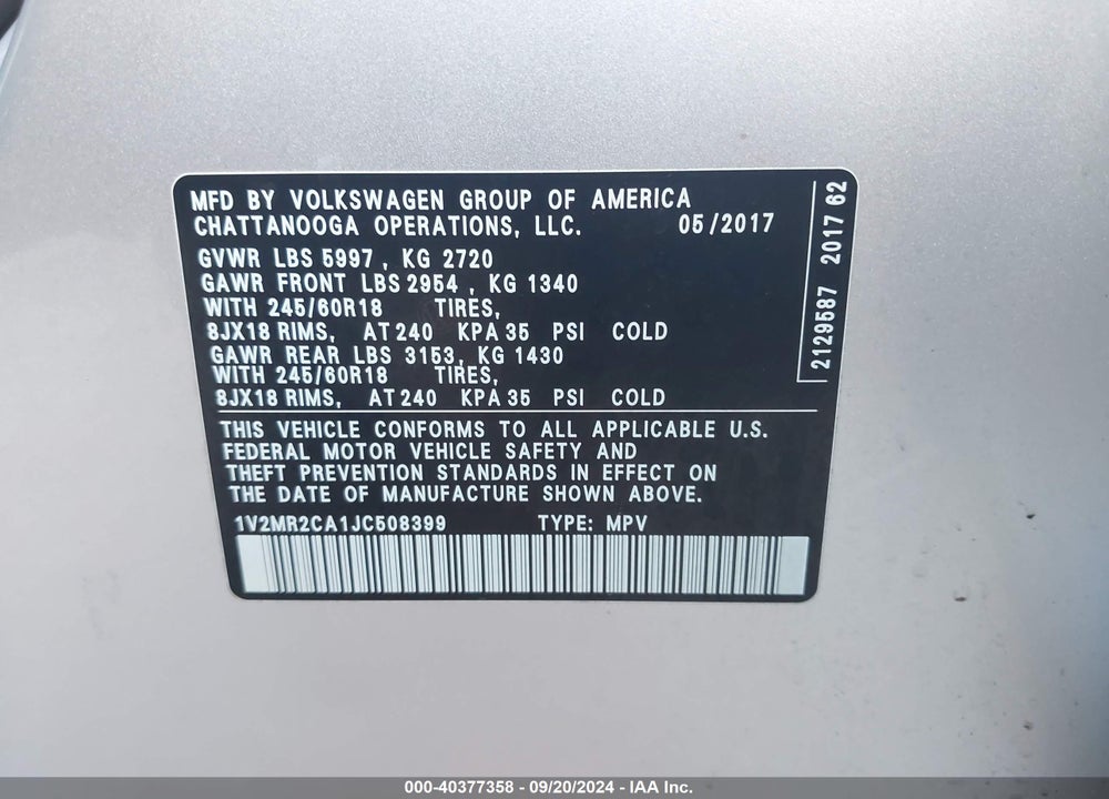 2018 VOLKSWAGEN ATLAS 3.6L V6 SEL VIN: 1V2MR2CA1JC508399