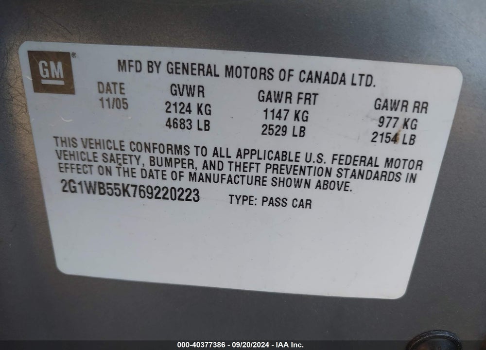 2006 CHEVROLET IMPALA LS VIN: 2G1WB55K769220223