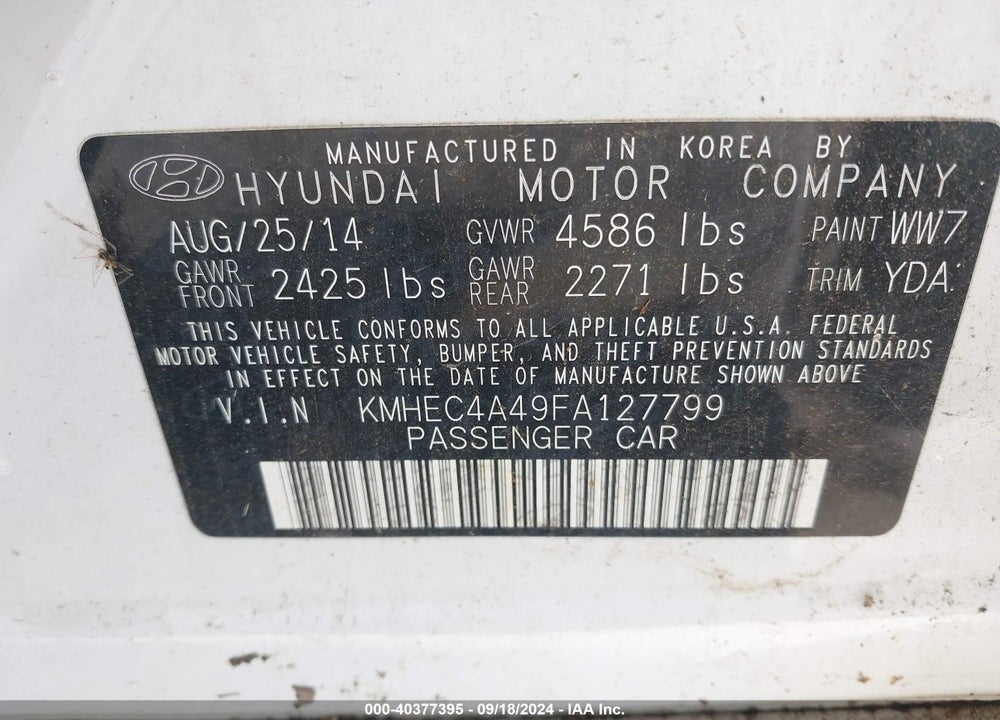 2015 HYUNDAI SONATA HYBRID VIN: KMHEC4A49FA127799