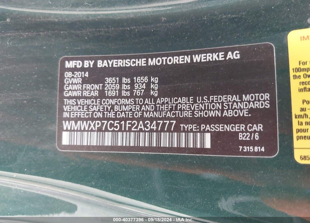 2015 MINI HARDTOP COOPER S VIN: WMWXP7C51F2A34777