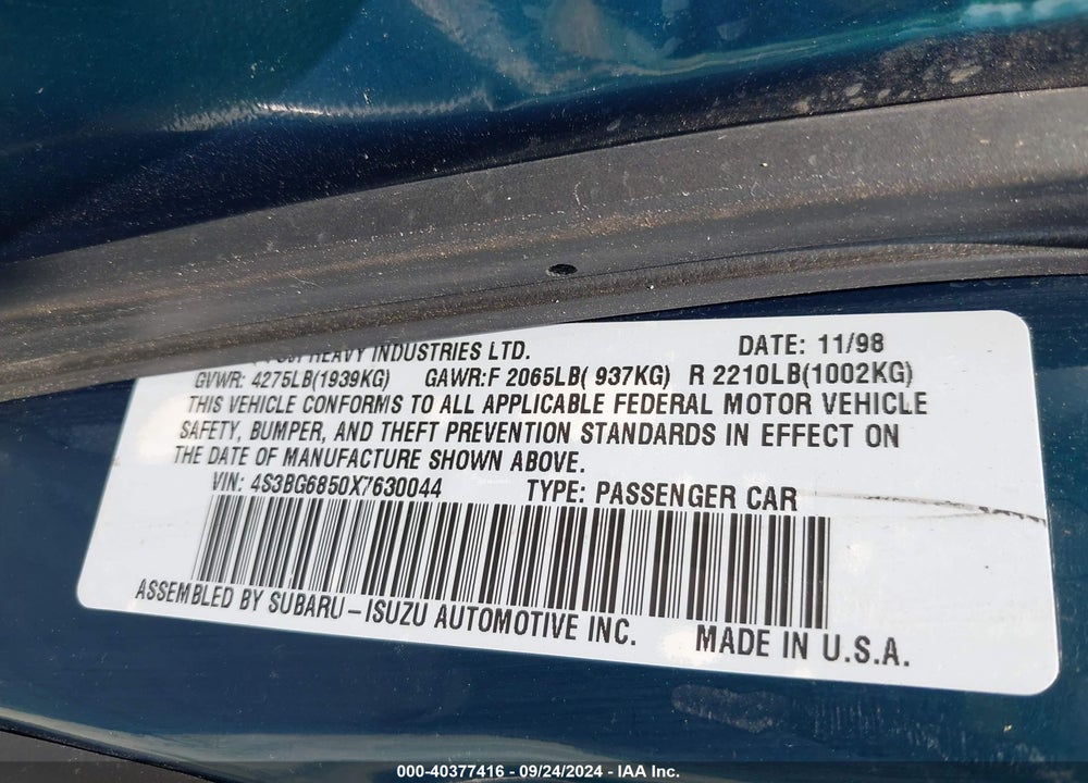 1999 SUBARU LEGACY 30TH ANN. OUTBACK LTD./OUTBACK VIN: 4S3BG6850X7630044