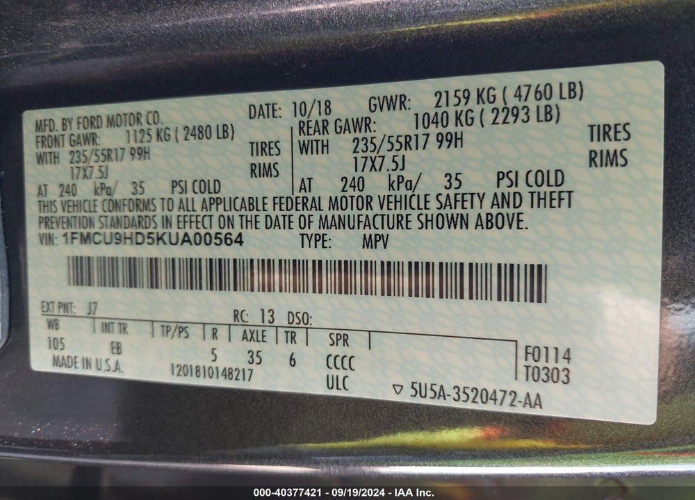 2019 FORD ESCAPE VIN: 1FMCU9HD5KUA00564