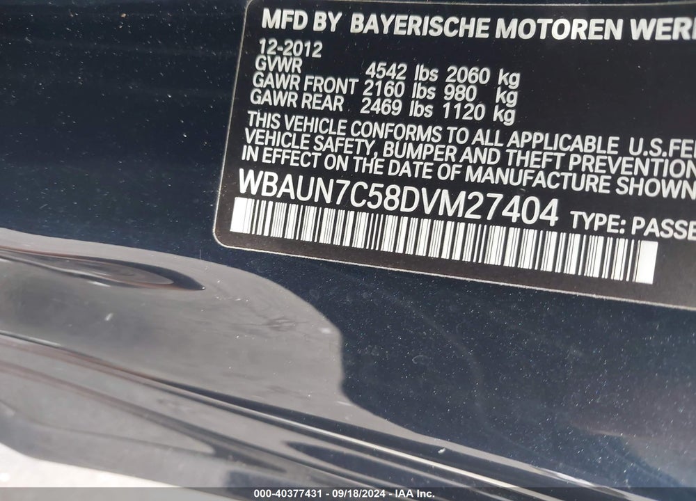 2013 BMW 135I VIN: WBAUN7C58DVM27404