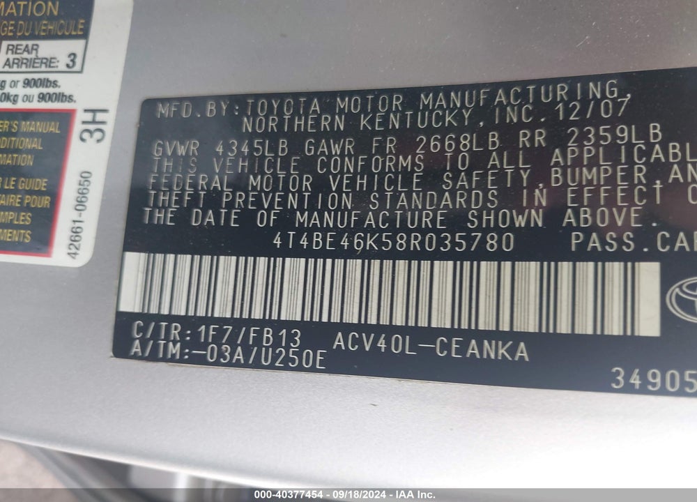 2008 TOYOTA CAMRY LE VIN: 4T4BE46K58R035780
