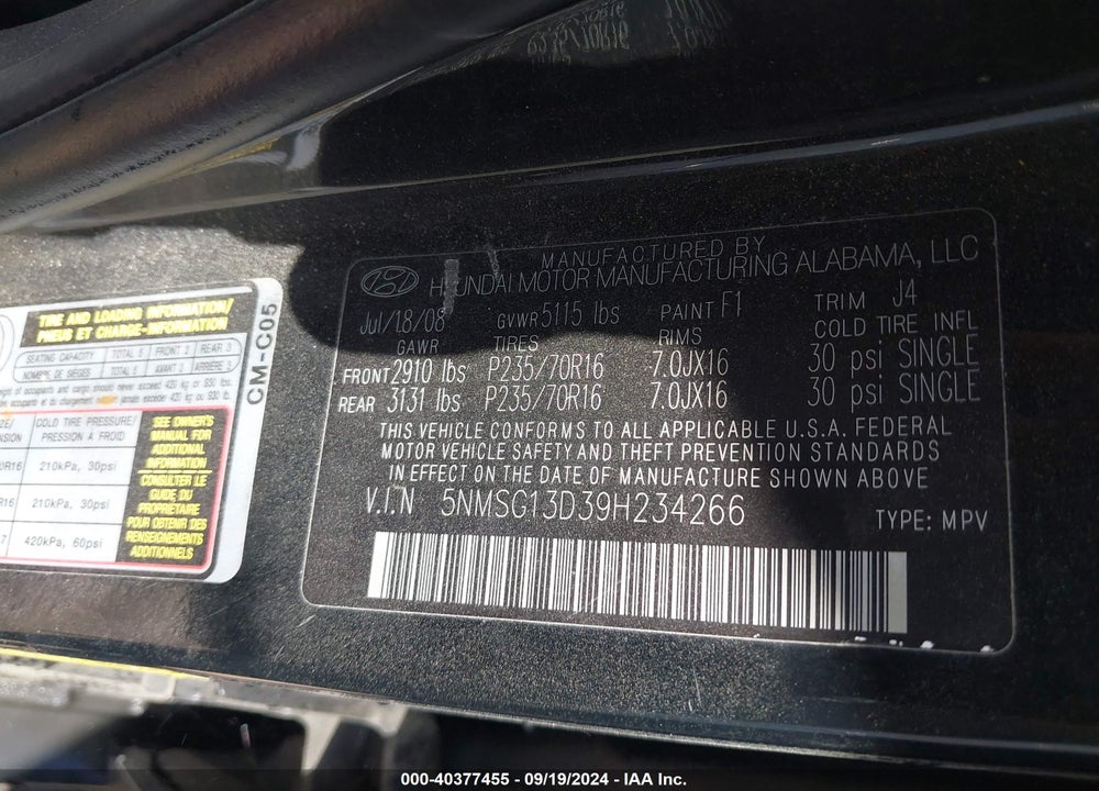 2009 HYUNDAI SANTA FE GLS VIN: 5NMSG13D39H234266