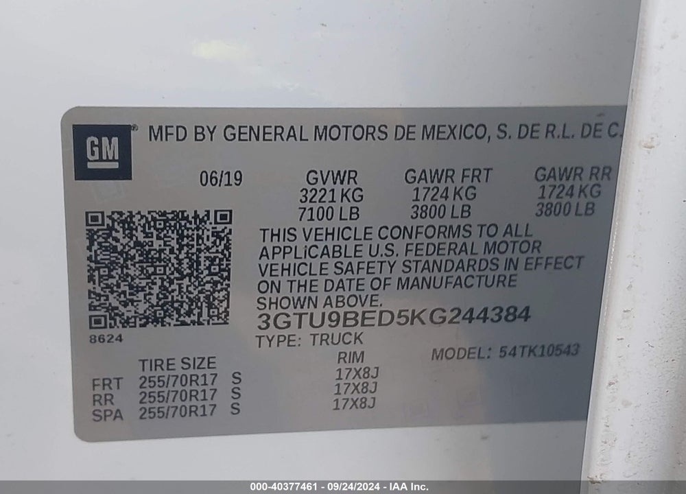 2019 GMC SIERRA 1500 SLE VIN: 3GTU9BED5KG244384