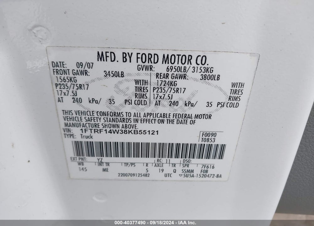 2008 FORD F-150 STX/XL/XLT VIN: 1FTRF14W38KB55121