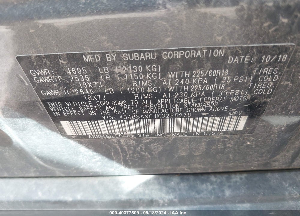 2019 SUBARU OUTBACK 2.5I LIMITED VIN: 4S4BSANC1K3255278