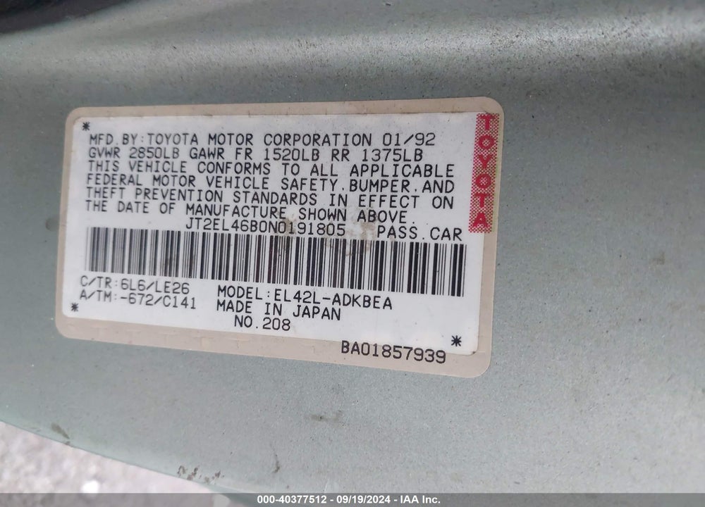 1992 TOYOTA TERCEL STD VIN: JT2EL46B0N0191805