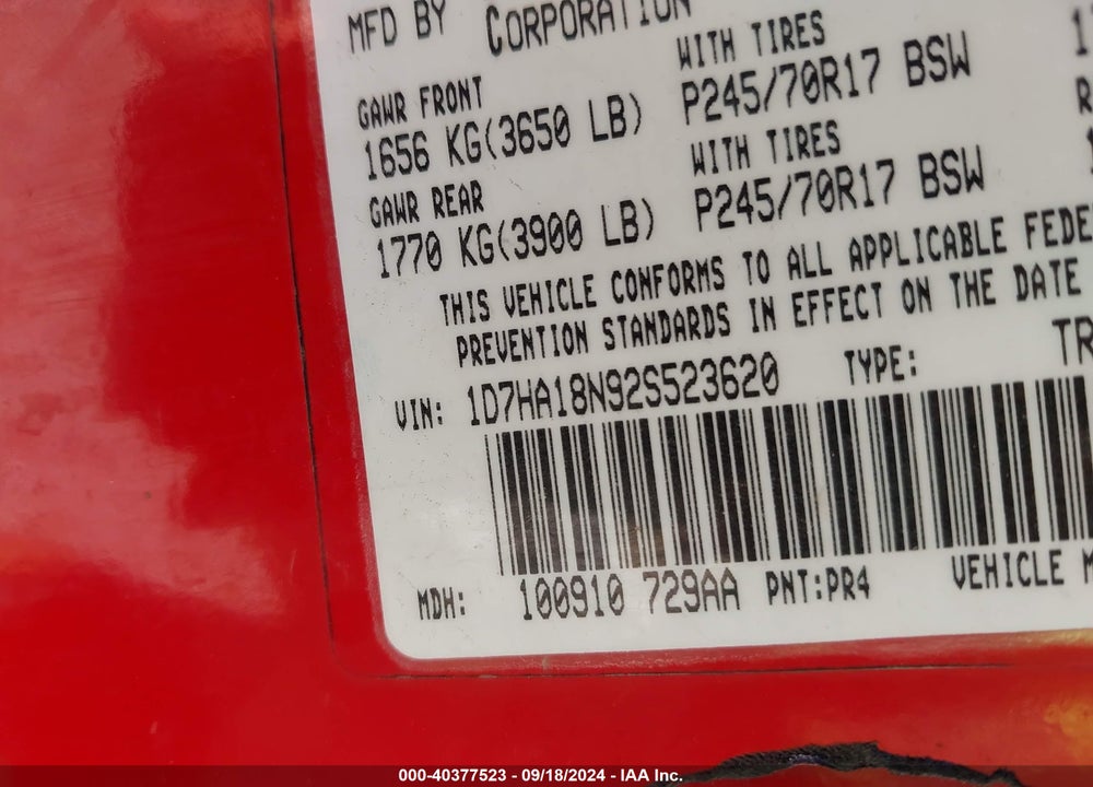 2002 DODGE RAM 1500 SLT VIN: 1D7HA18N92S523620