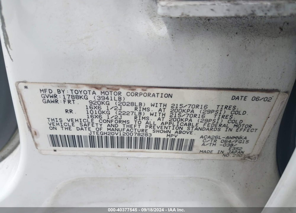 2002 TOYOTA RAV4 VIN: JTEGH20V120078283