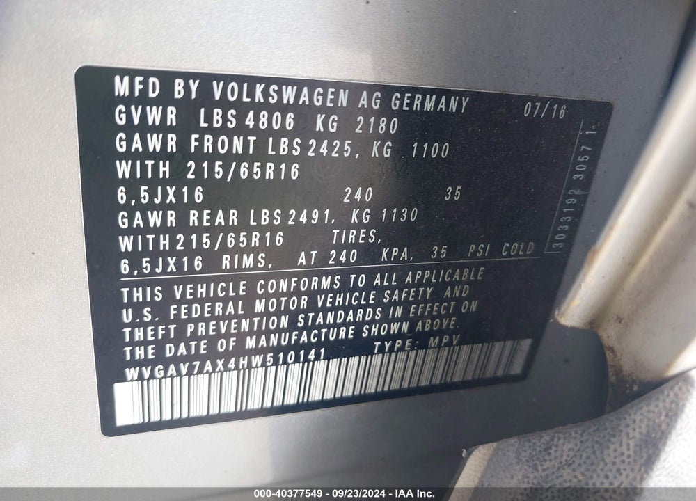2017 VOLKSWAGEN TIGUAN 2.0T/2.0T S VIN: WVGAV7AX4HW510141