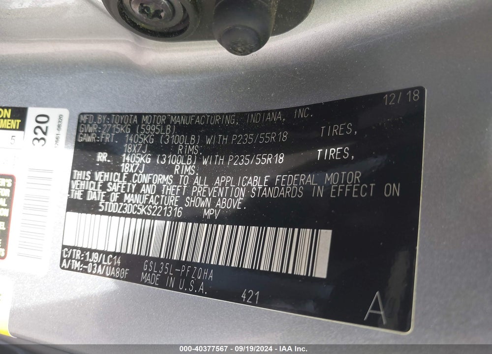 2019 TOYOTA SIENNA XLE PREMIUM 7 PASSENGER VIN: 5TDDZ3DC5KS221316
