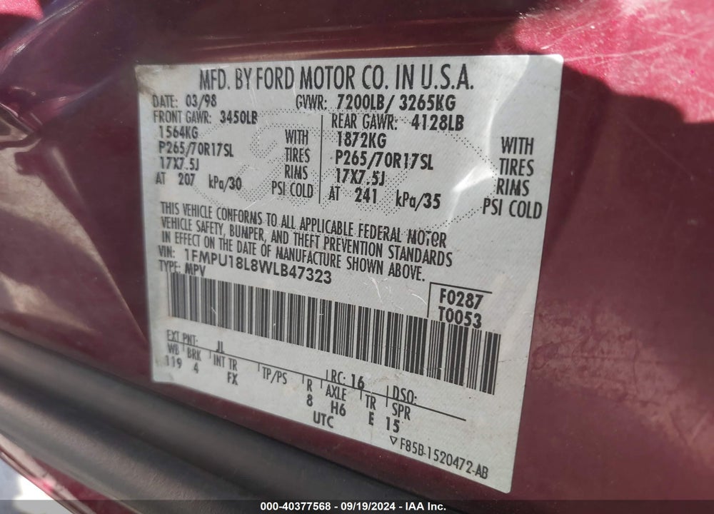 1998 FORD EXPEDITION EDDIE BAUER/XLT VIN: 1FMPU18L8WLB47323