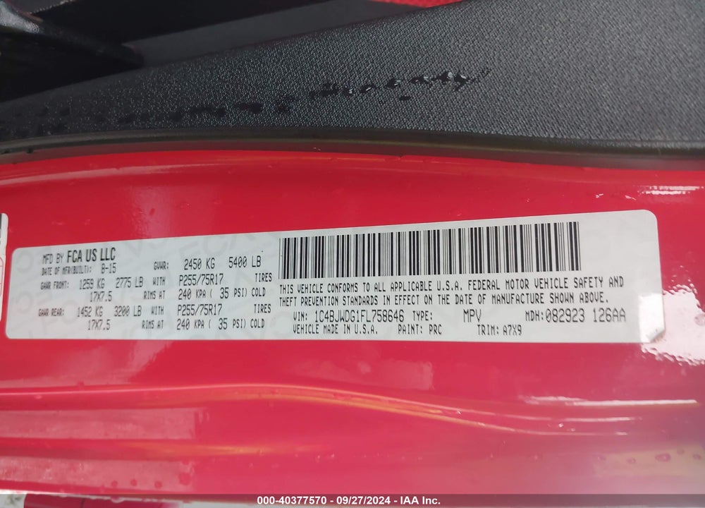 2015 JEEP WRANGLER UNLIMITED SPORT VIN: 1C4BJWDG1FL758646