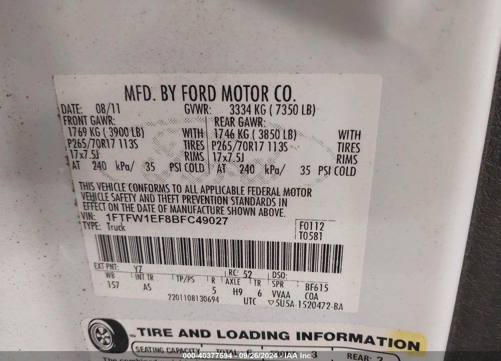 2011 FORD F-150 XL VIN: 1FTFW1EF8BFC49027