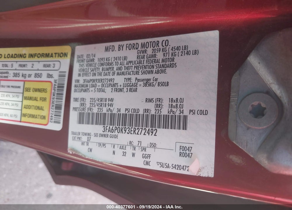 2014 FORD FUSION VIN: 3FA6P0K93ER272492