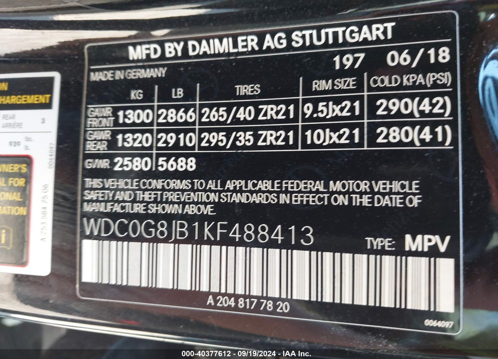 2019 MERCEDES-BENZ AMG GLC 63 4MATIC VIN: WDC0G8JB1KF488413