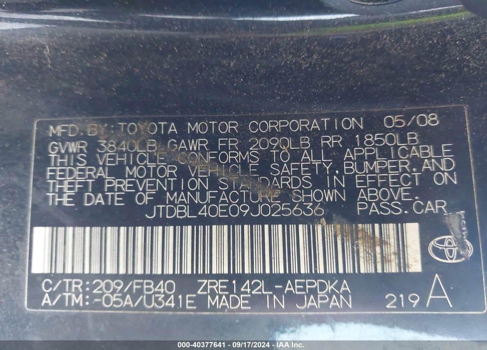 2009 TOYOTA COROLLA VIN: JTDBL40E09J025636