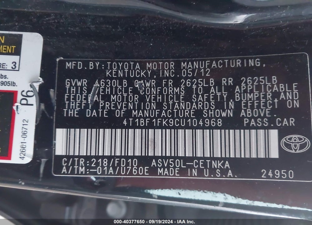 2012 TOYOTA CAMRY LE VIN: 4T1BF1FK9CU104968