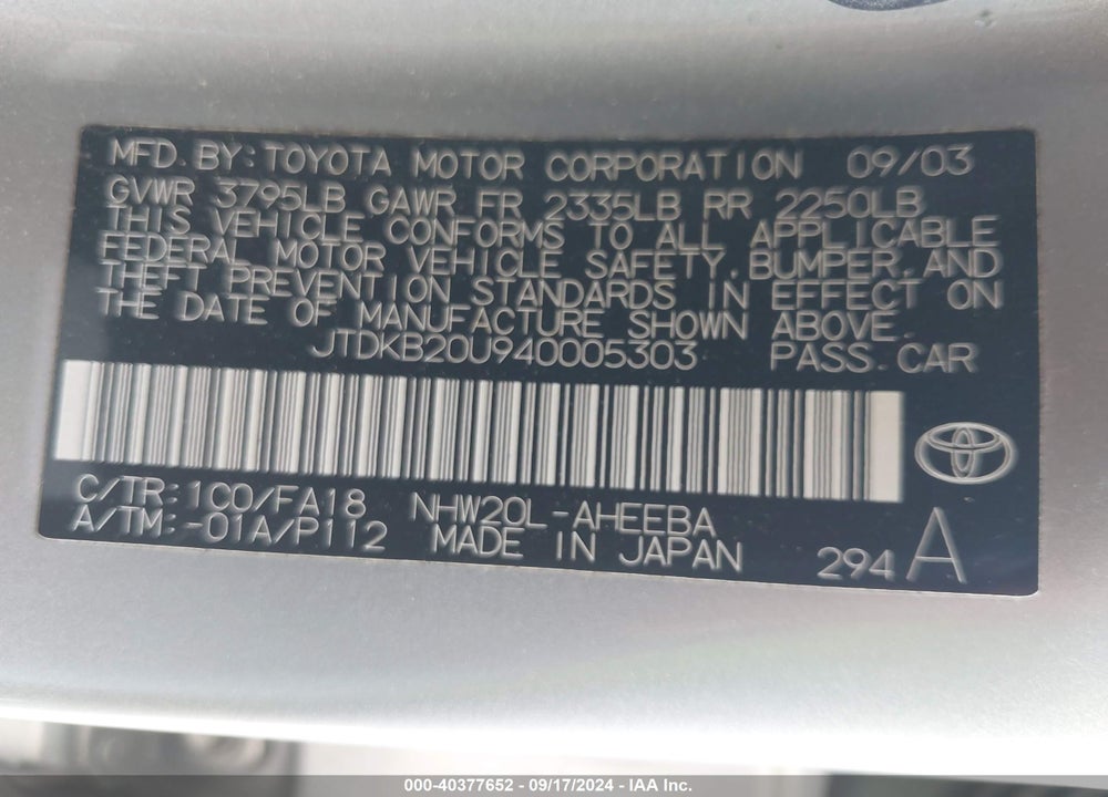2004 TOYOTA PRIUS VIN: JTDKB20U940005303