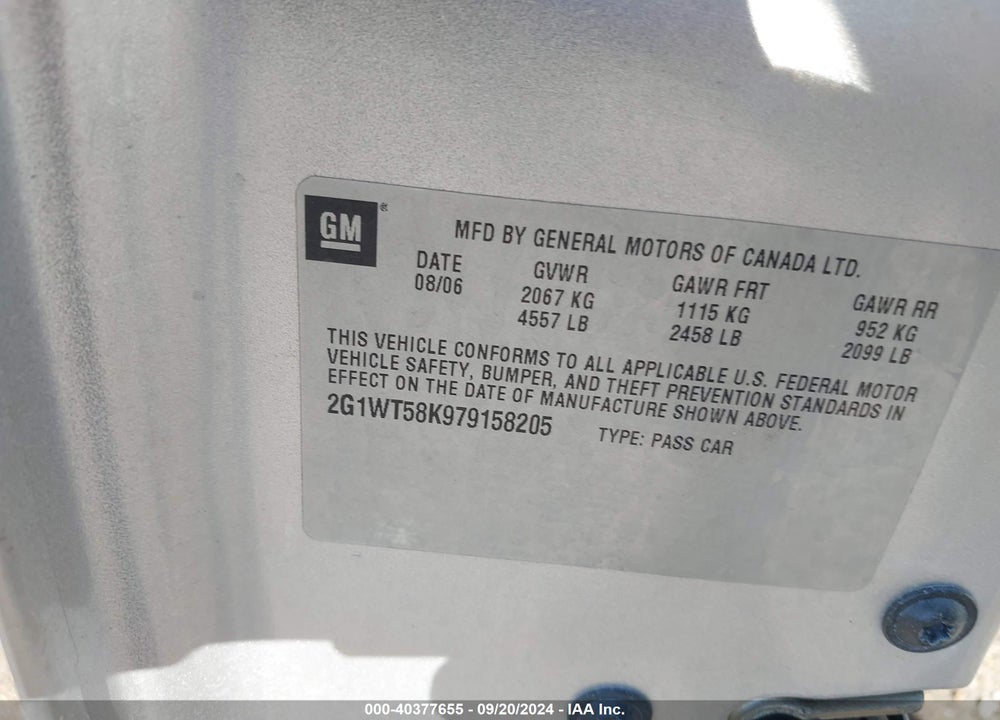 2007 CHEVROLET IMPALA LT VIN: 2G1WT58K979158205