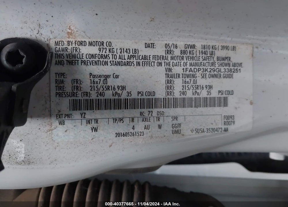 2016 FORD FOCUS SE VIN: 1FADP3K29GL338251