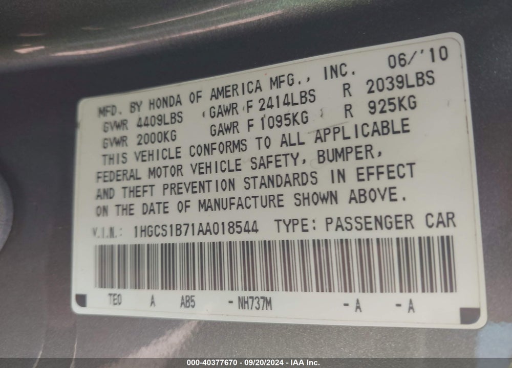 2010 HONDA ACCORD 2.4 EX VIN: 1HGCS1B71AA018544