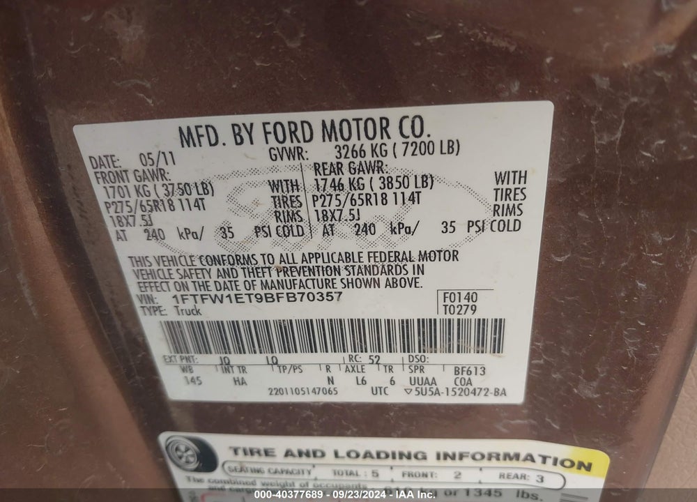 2011 FORD F-150 LARIAT VIN: 1FTFW1ET9BFB70357