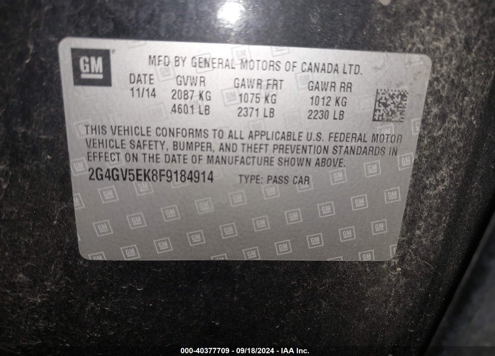2015 BUICK REGAL 1FL VIN: 2G4GV5EK8F9184914