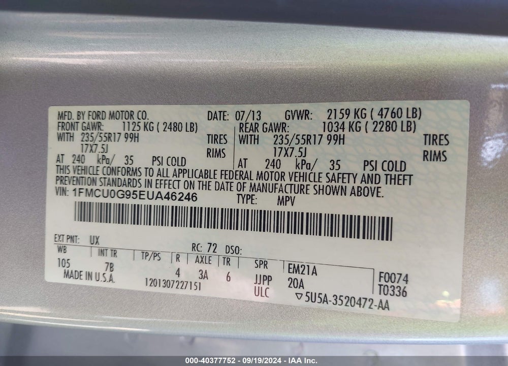2014 FORD ESCAPE SE VIN: 1FMCU0G95EUA46246