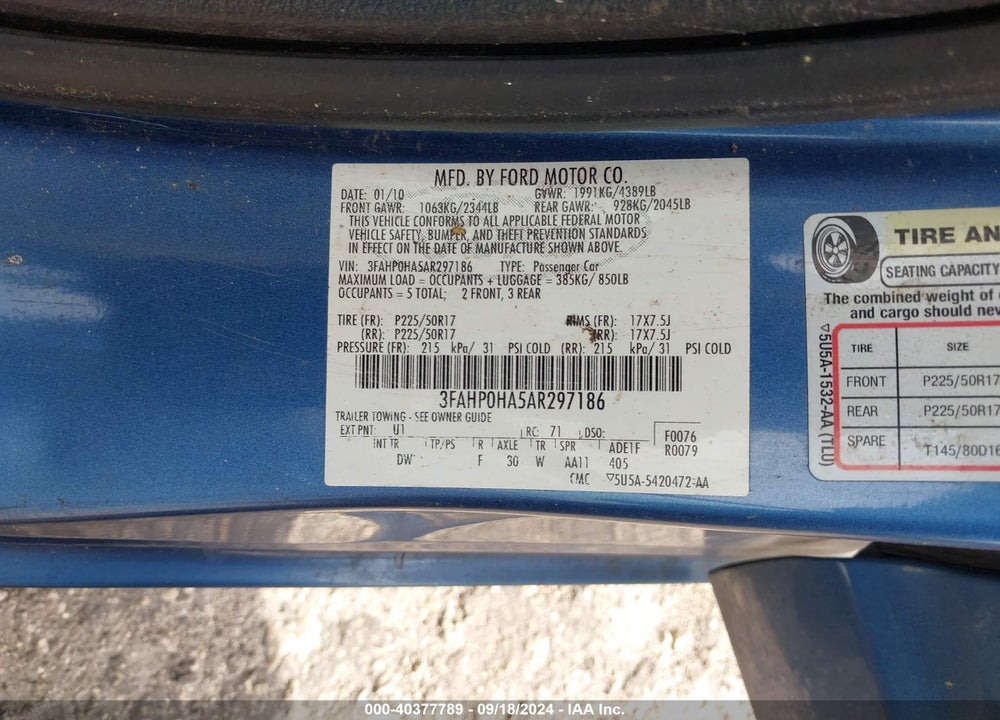 2010 FORD FUSION SE VIN: 3FAHP0HA5AR297186