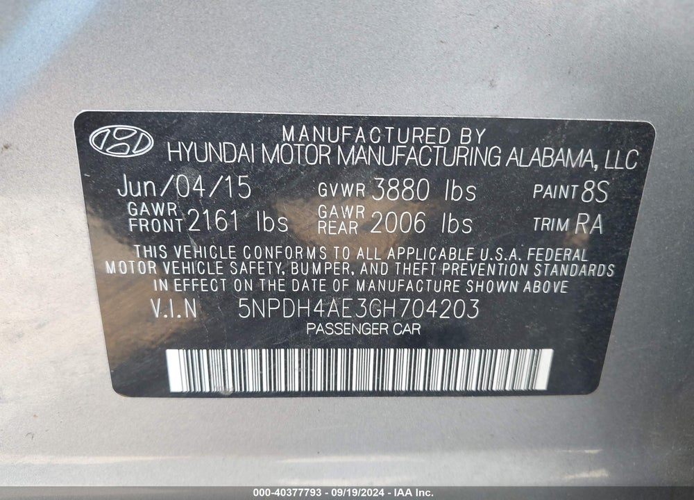 2016 HYUNDAI ELANTRA SE VIN: 5NPDH4AE3GH704203