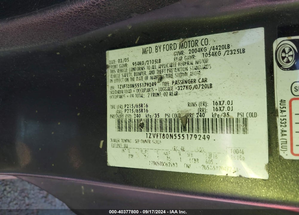 2005 FORD MUSTANG V6 DELUXE/V6 PREMIUM VIN: 1ZVFT80N555179249