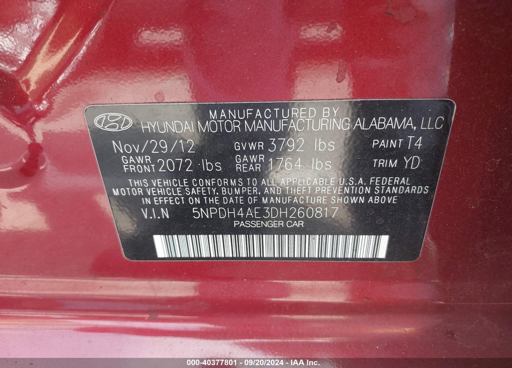 2013 HYUNDAI ELANTRA GLS VIN: 5NPDH4AE3DH260817