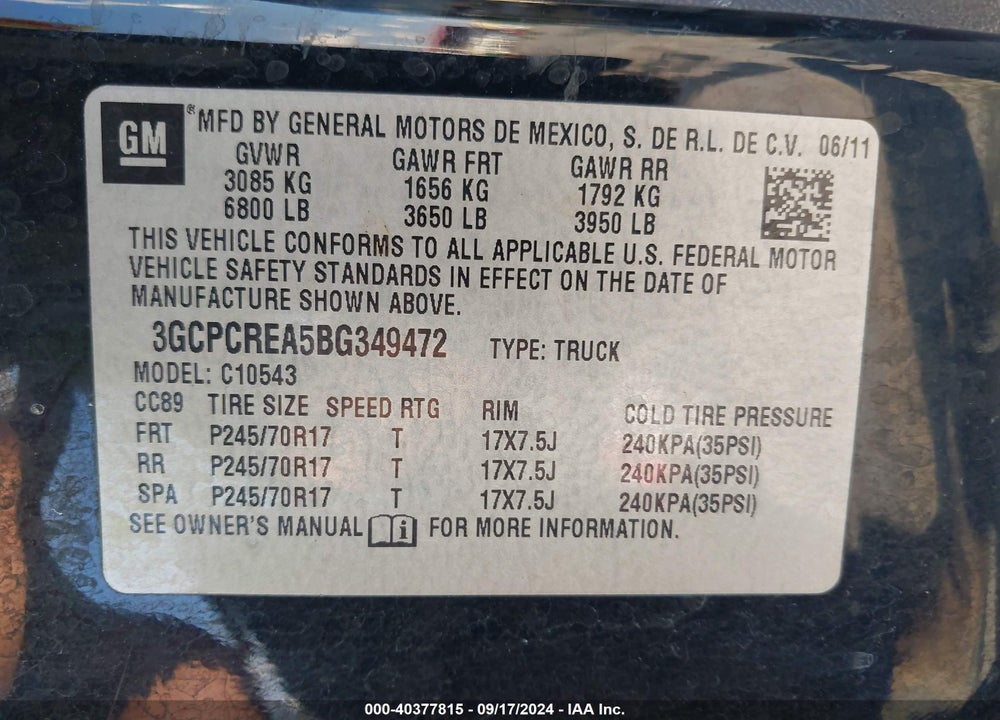 2011 CHEVROLET SILVERADO 1500 LS VIN: 3GCPCREA5BG349472