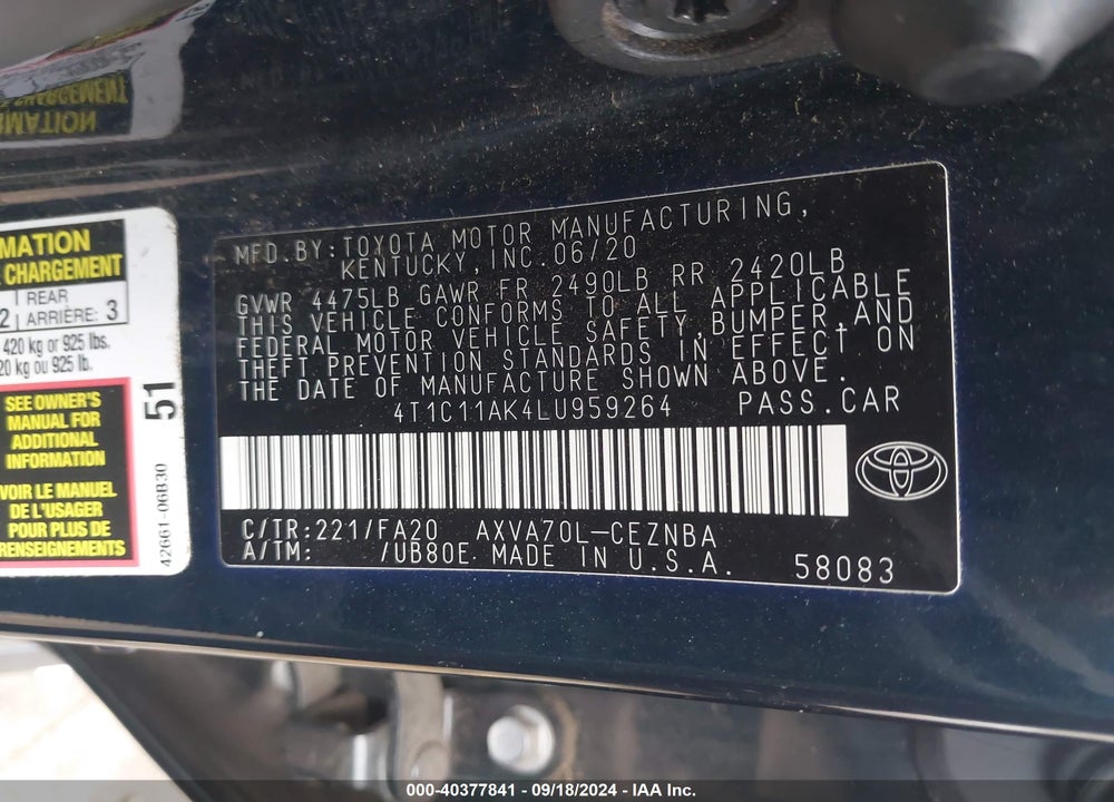 2020 TOYOTA CAMRY LE VIN: 4T1C11AK4LU959264