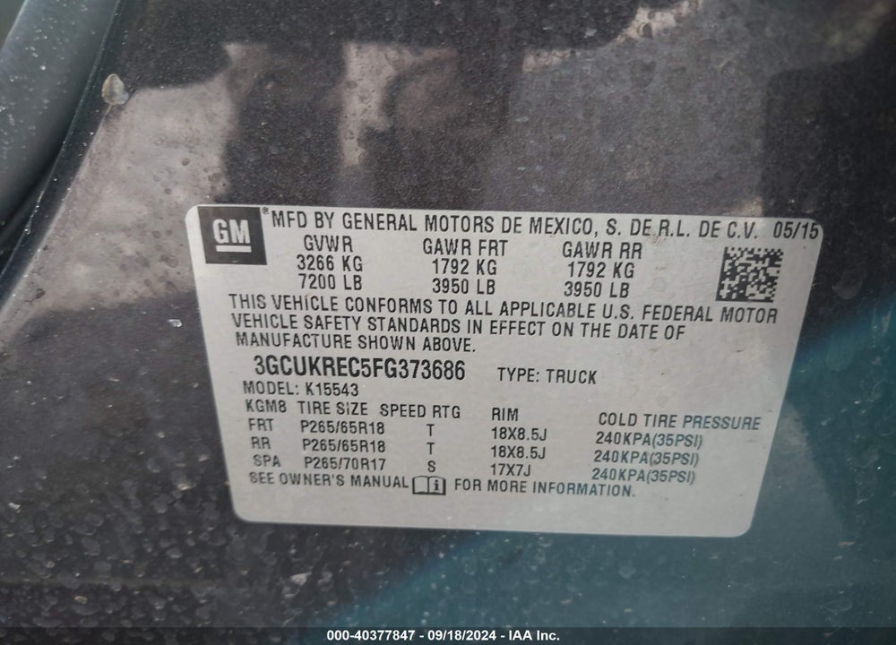 2015 CHEVROLET SILVERADO 1500 2LT VIN: 3GCUKREC5FG373686