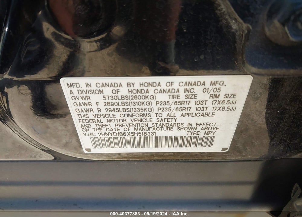 2005 ACURA MDX VIN: 2HNYD186X5H518331
