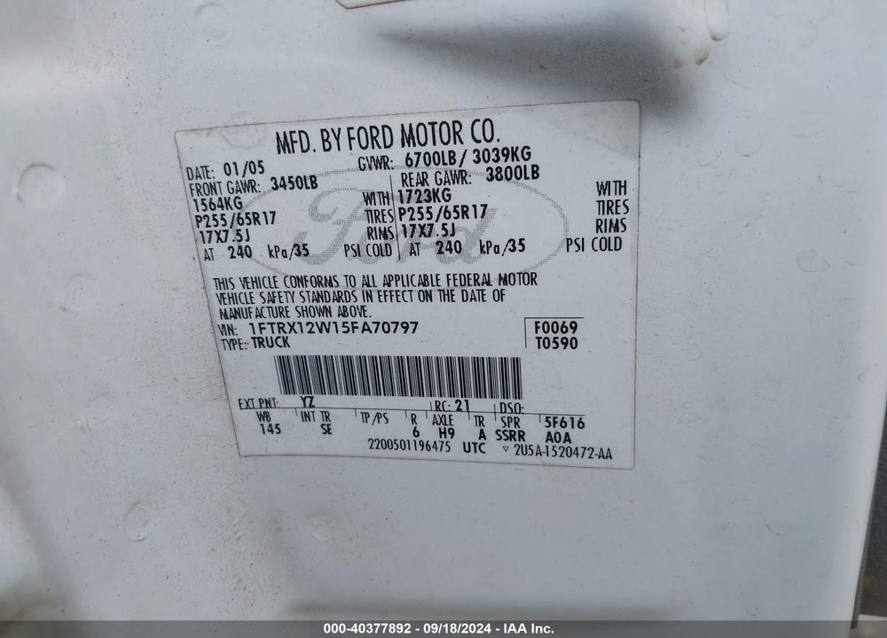 2005 FORD F-150 STX/XL/XLT VIN: 1FTRX12W15FA70797